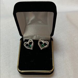 Silver Heart Earrings with Emerald Green Stones